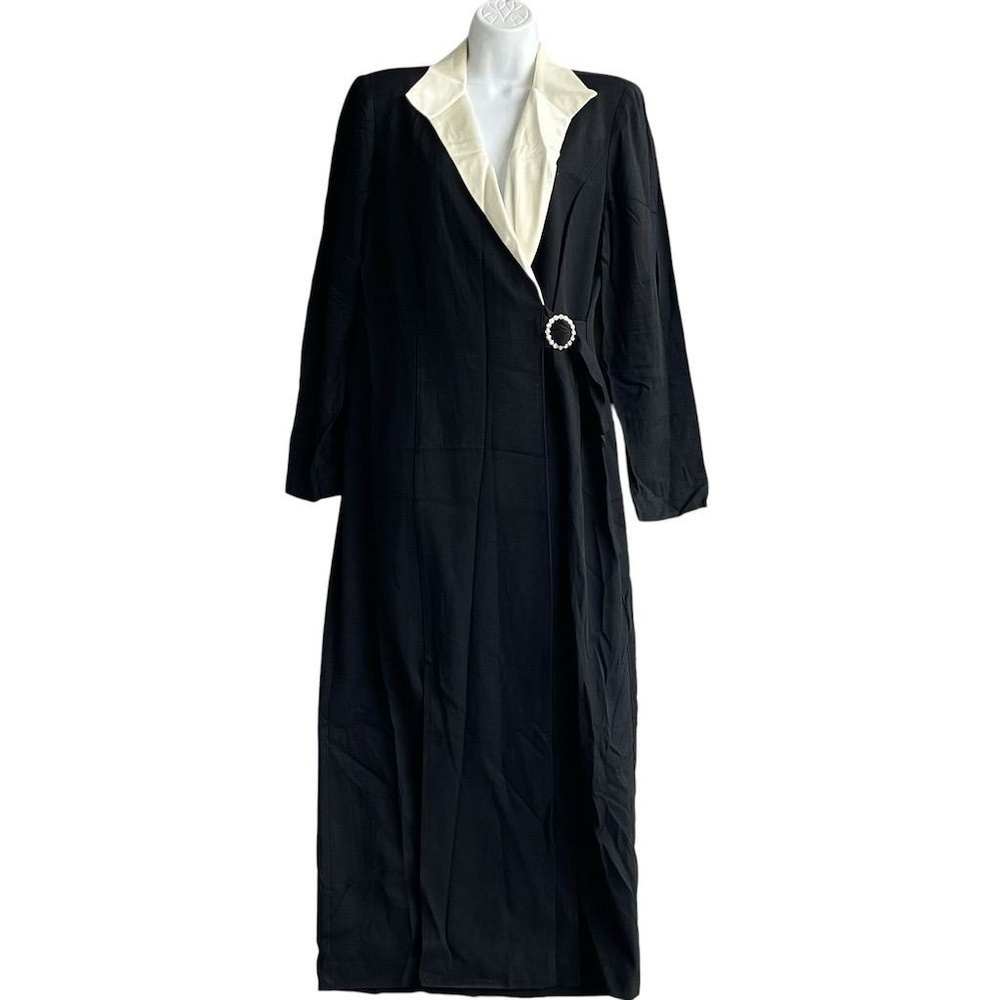 Vtg DANNY & NICOLE Long Blazer Dress Women's 10 Black Satin Collar Rhinestone